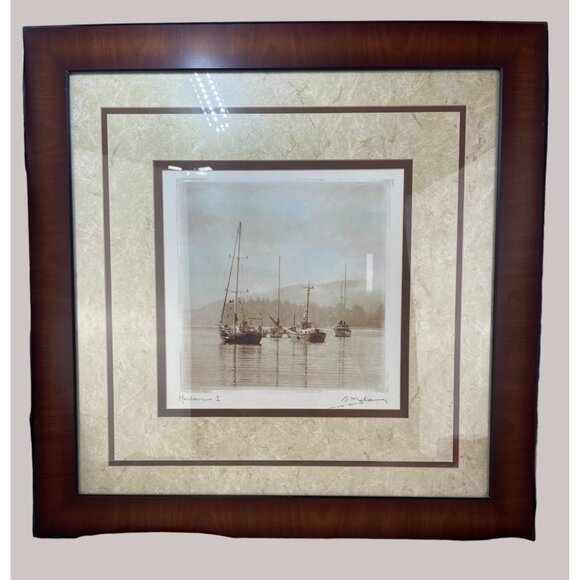 Sea Sailboats Picture Beautifully Framed Matted Print 15 1/2" X 15 1/2" - Picture 1 of 5